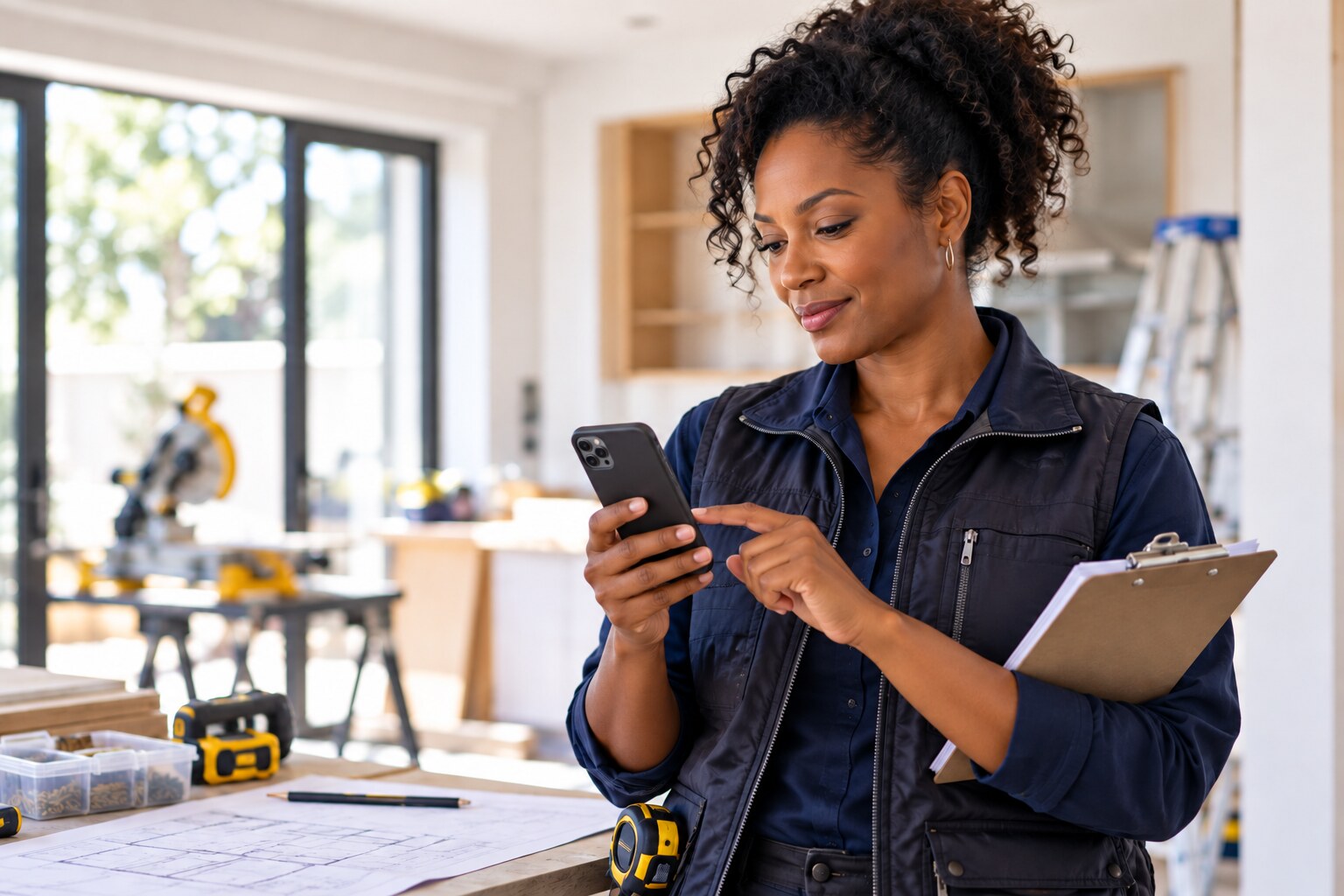 A woman field-service business owner managing a job with K.I. Field on her phone