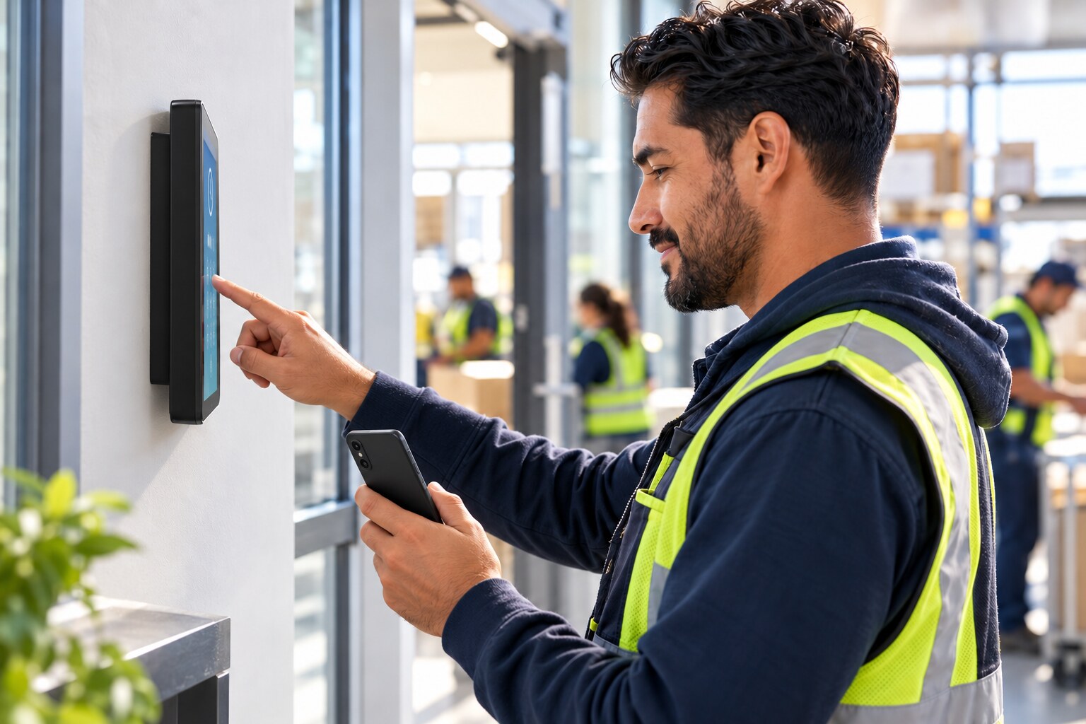 An employee using Pulse Workforce to clock in on a wall-mounted time clock and confirm on his phone